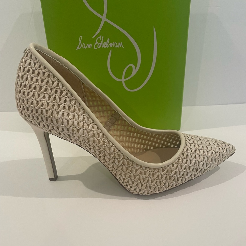 Sam Edelman Woven Pointed-Toe Pumps in Light Beige - Picture 5 of 12